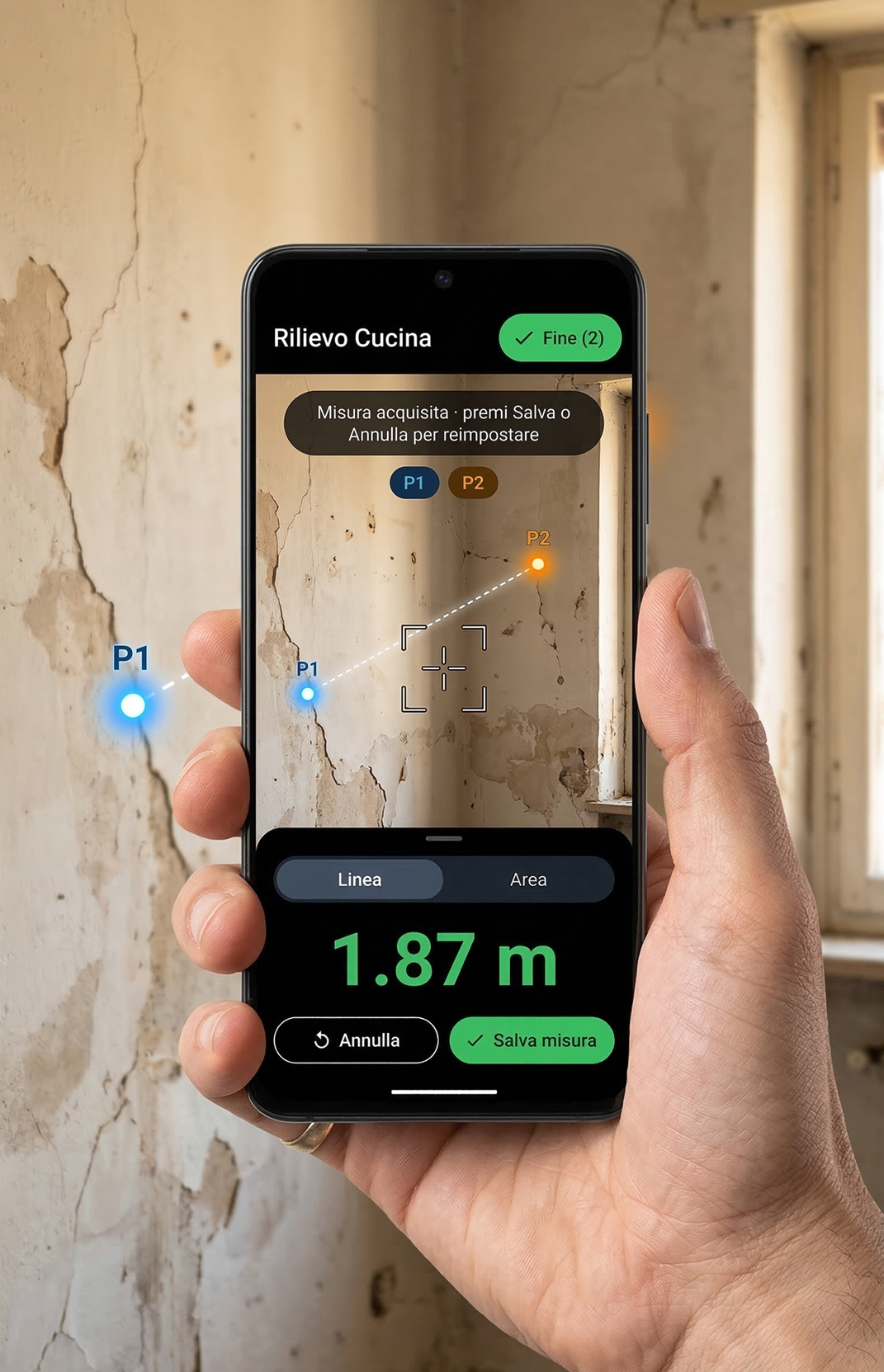 Rilievo misure AR su parete danneggiata con smartphone