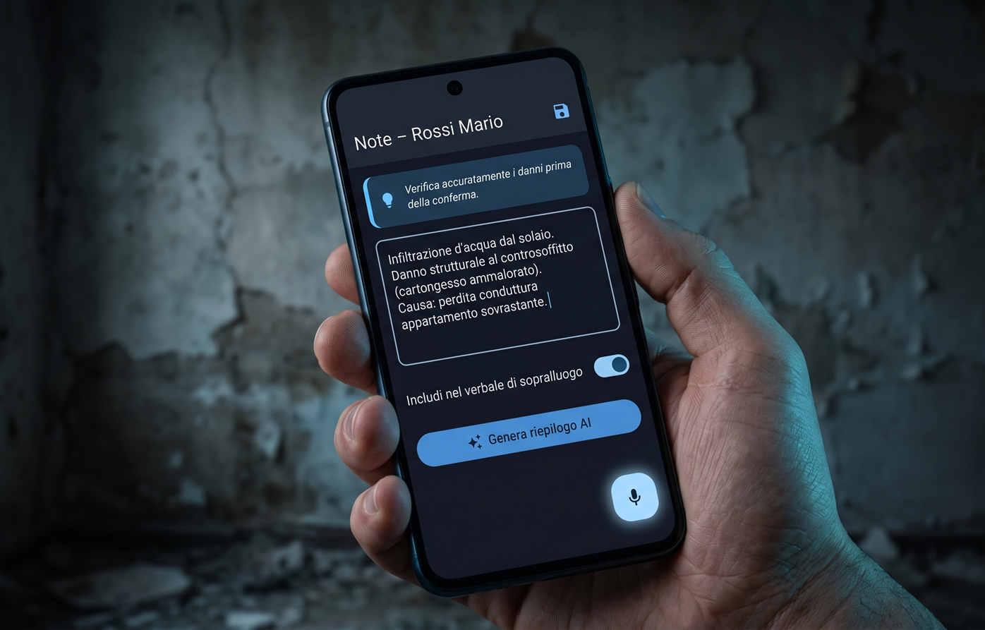 Appunti vocali trascritti e riepilogati dall'AI durante il sopralluogo