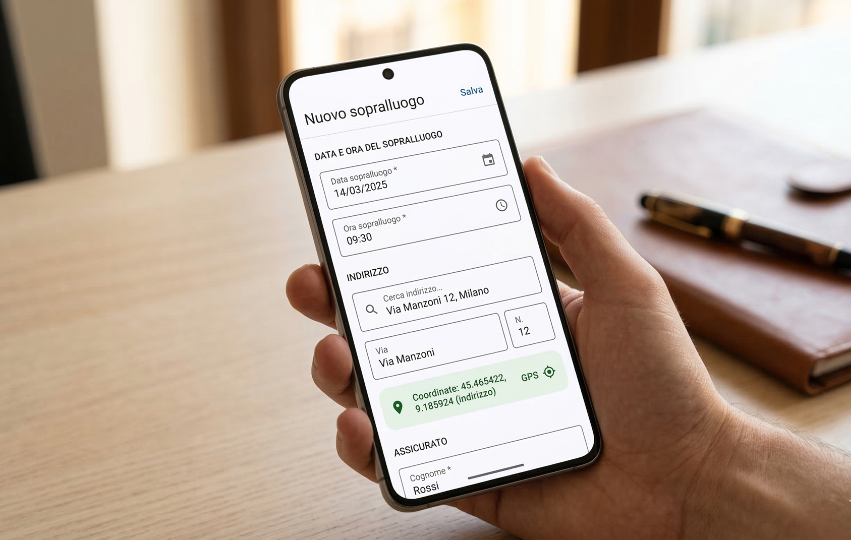 Perito che inserisce i dati del sopralluogo sull'app